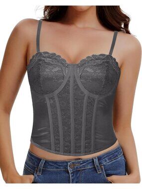 Women Dark Grey Underwire Sheer Boned Spaghetti Strap Lace Bustier Corset Top